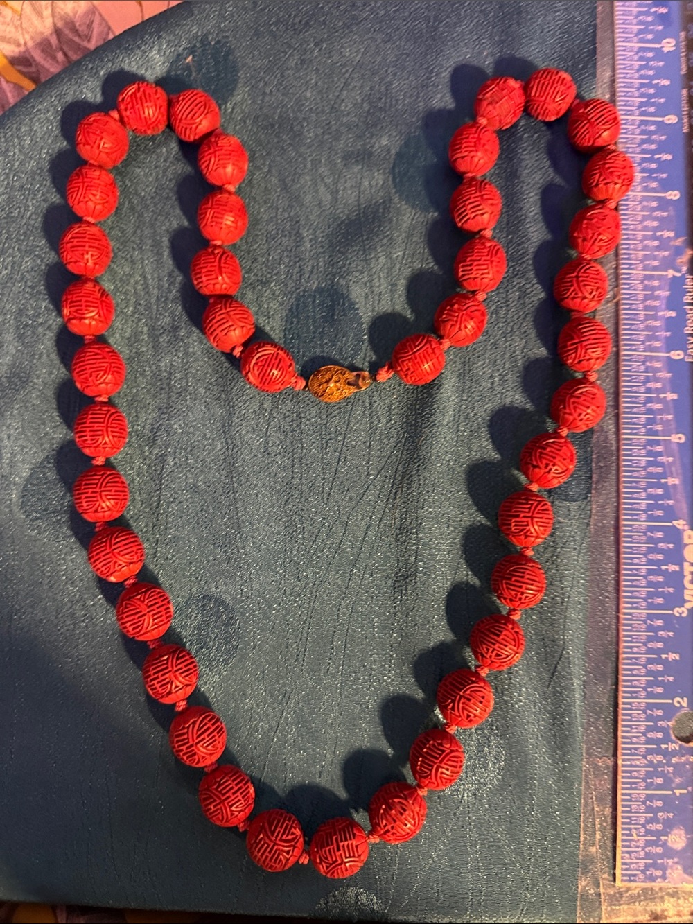 Red Carved vintage Cinnabar Bead Necklace - Women's Jewelry